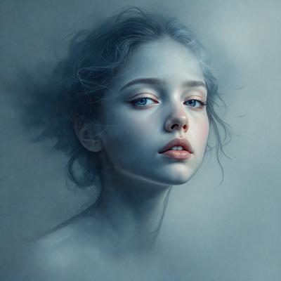 The primary subject of the image is a woman with blue eyes, who is looking directly at the camera. She has long hair and is wearing lipstick. The setting is a dark, foggy environment, which adds a mysterious and dramatic atmosphere to the scene. The visual style is a digital art or illustration, as the woman's features are exaggerated and the overall composition is artistic. The colors in the image are predominantly dark, with the woman's blue eyes being the most prominent feature.